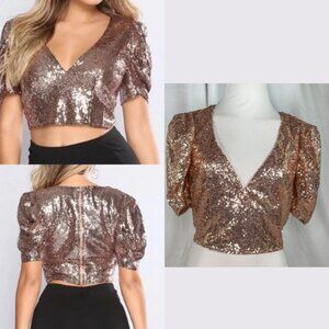 Fashion Nova Puff Sleeve Sequined Crop Top